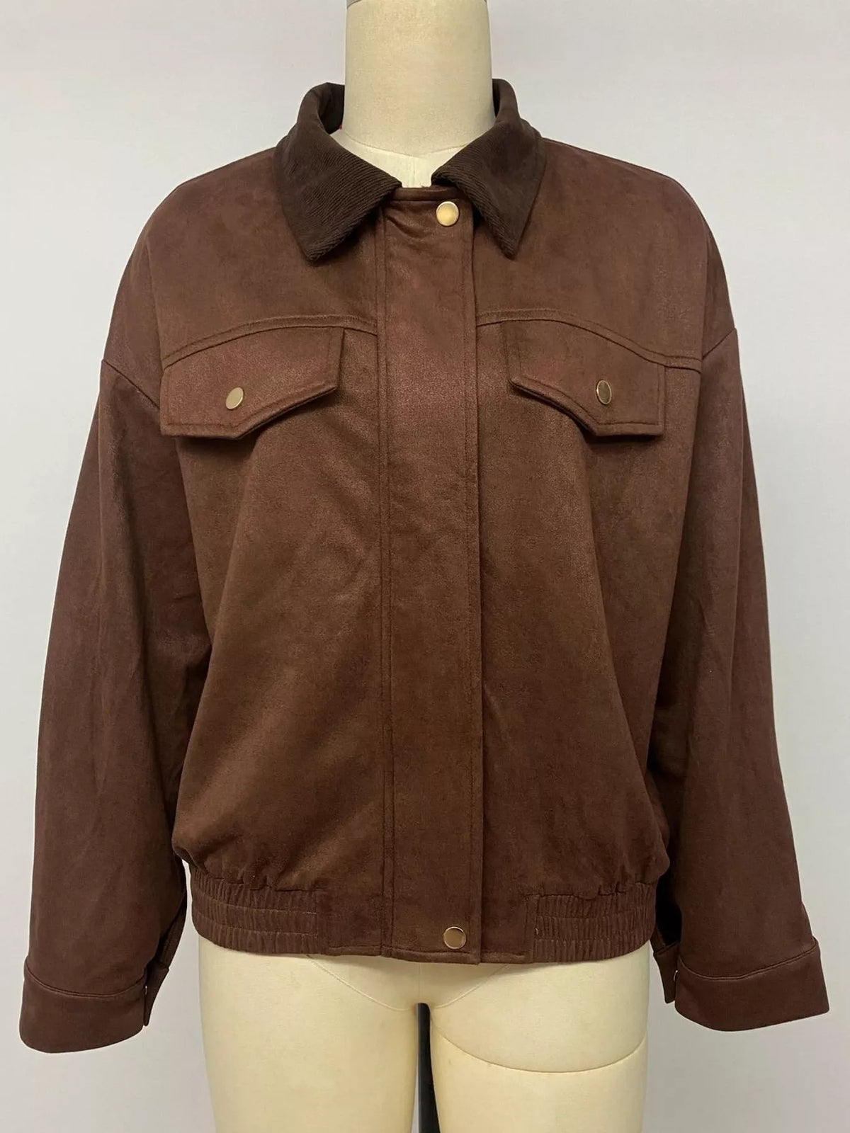 Brown zip-up dropped shoulder jacket — front view