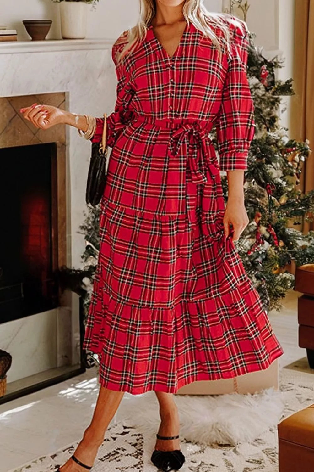 Trendsi Christmas Plaid V Neck 3/4 Sleeve Tie Waist Ruffle Hem Midi Dress -