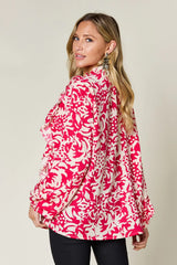 Trendsi Double Take Full Size Printed Ruffle Trim Balloon Sleeve Shirt -
