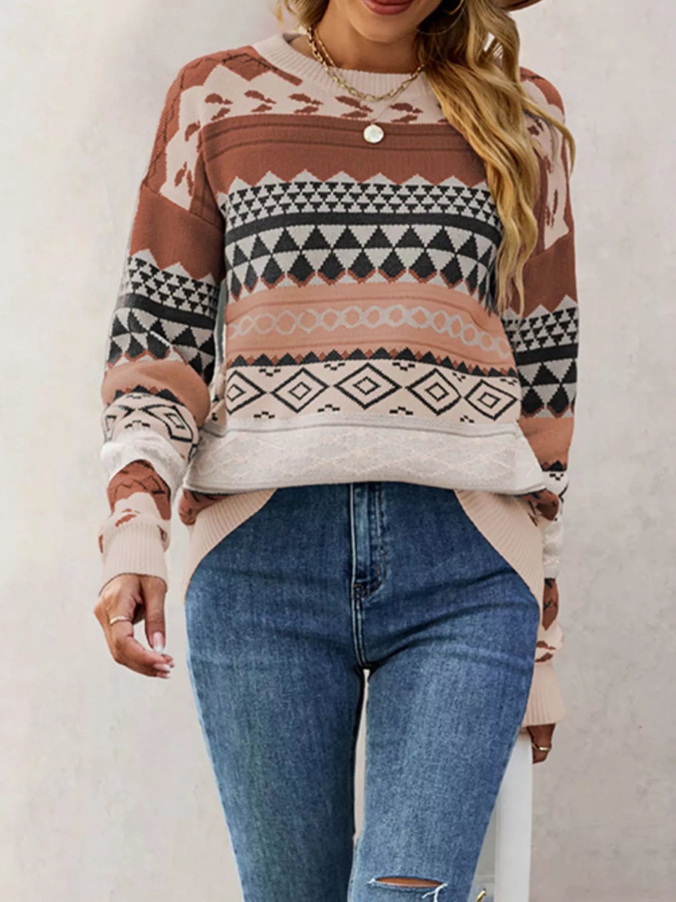Trendsi Geometric Pattern Dropped Shoulder Sweater -