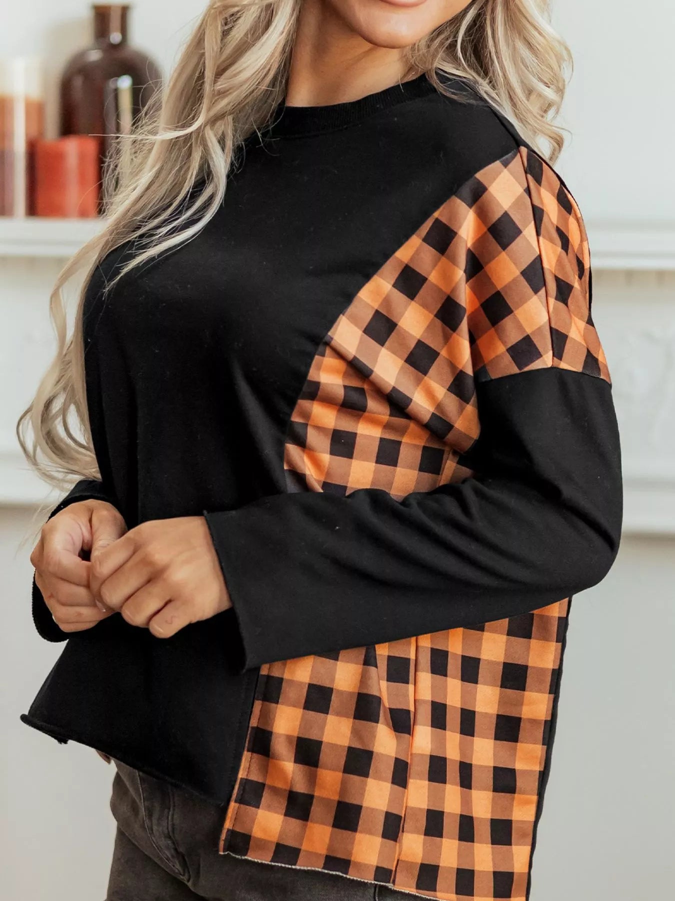 Trendsi Patchwork Plaid Pumpkin Face Long Sleeve Top -
