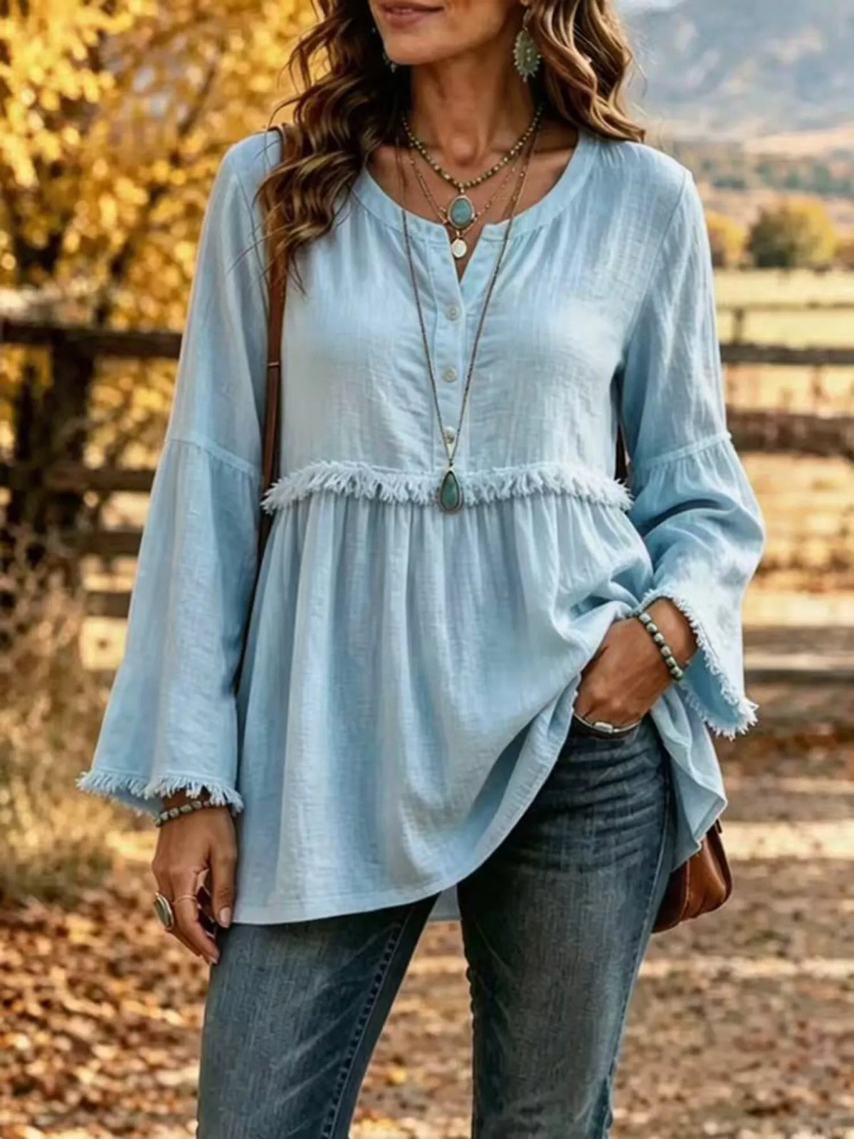 Blue fringed button detail blouse