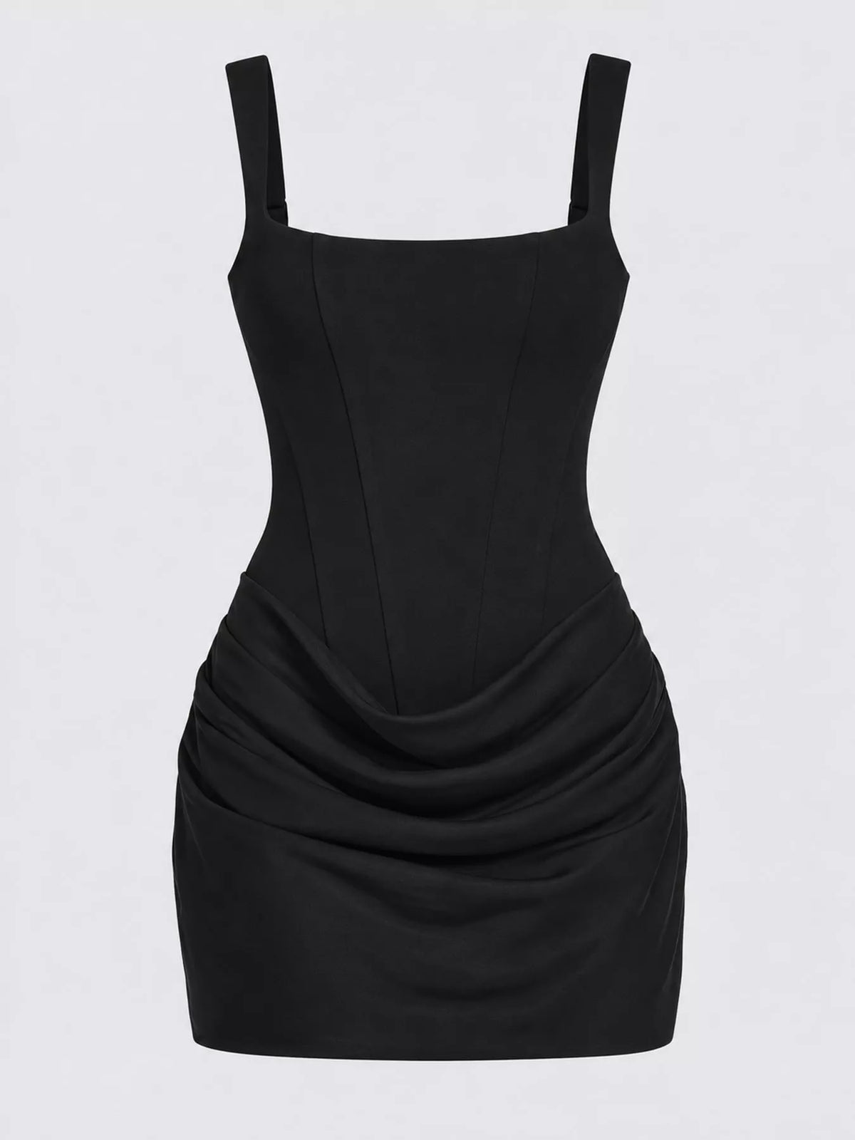 Black corset-style mini dress with ruched detail