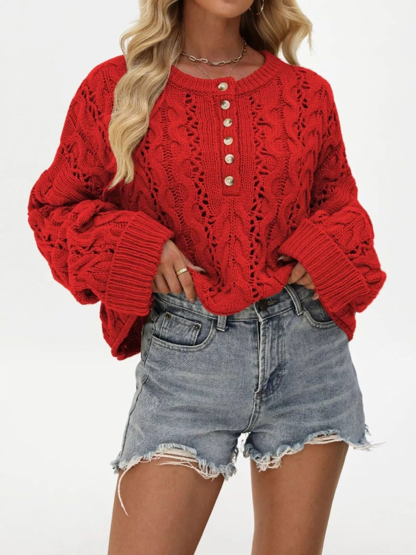 Trendsi Chic Cable Knit Half-Button Openwork Sweater -