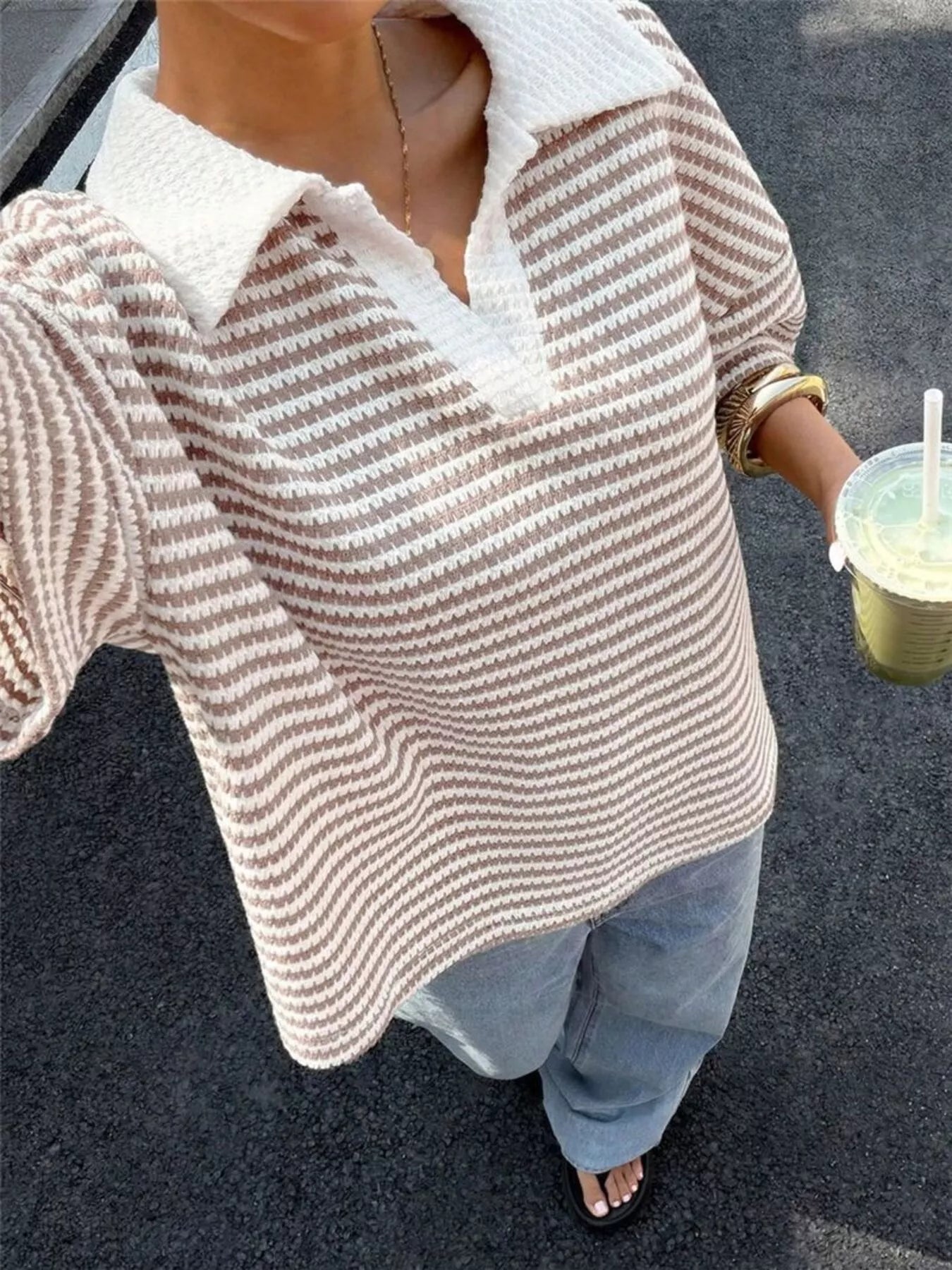 Trendsi Striped Knit 3/4 Sleeve Polo Top -