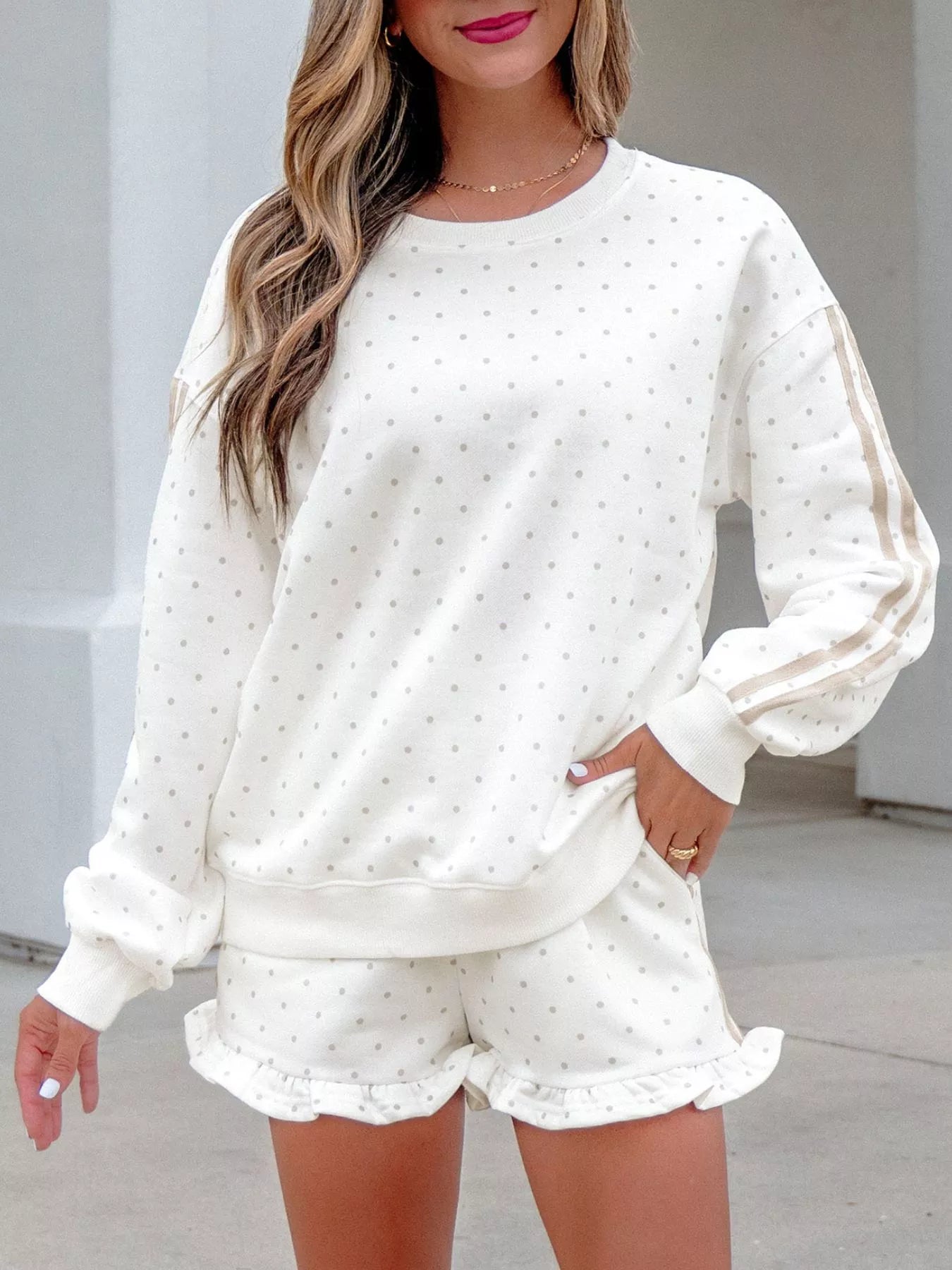 Trendsi Polka Dot Long Sleeve Sweatshirt and Shorts Set -
