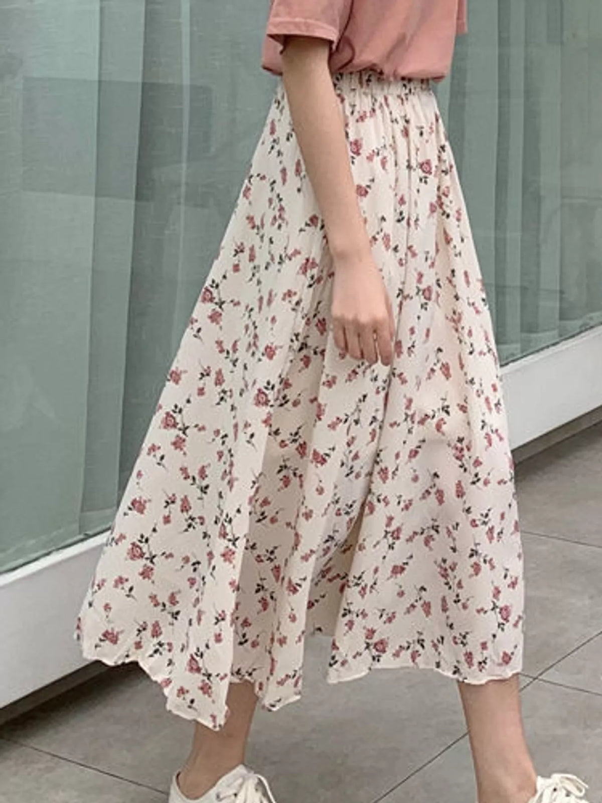 Floral Print High-Waisted A-Line Midi Skirt — side view