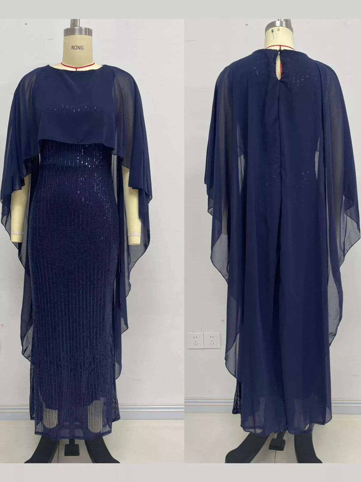 Women's Sequin Cape Overlay Evening Dress in navy — mannequin collage view
