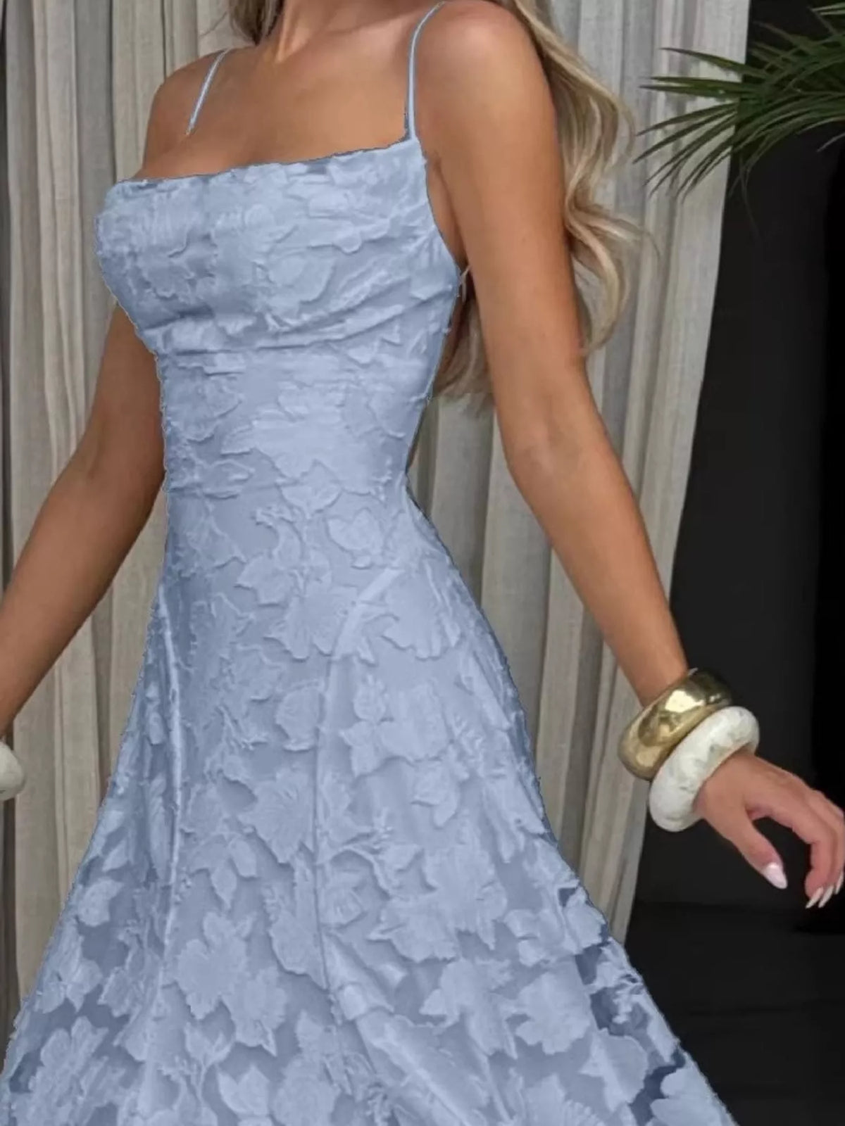 Cowl neck spaghetti-strap maxi dress, construction and design details