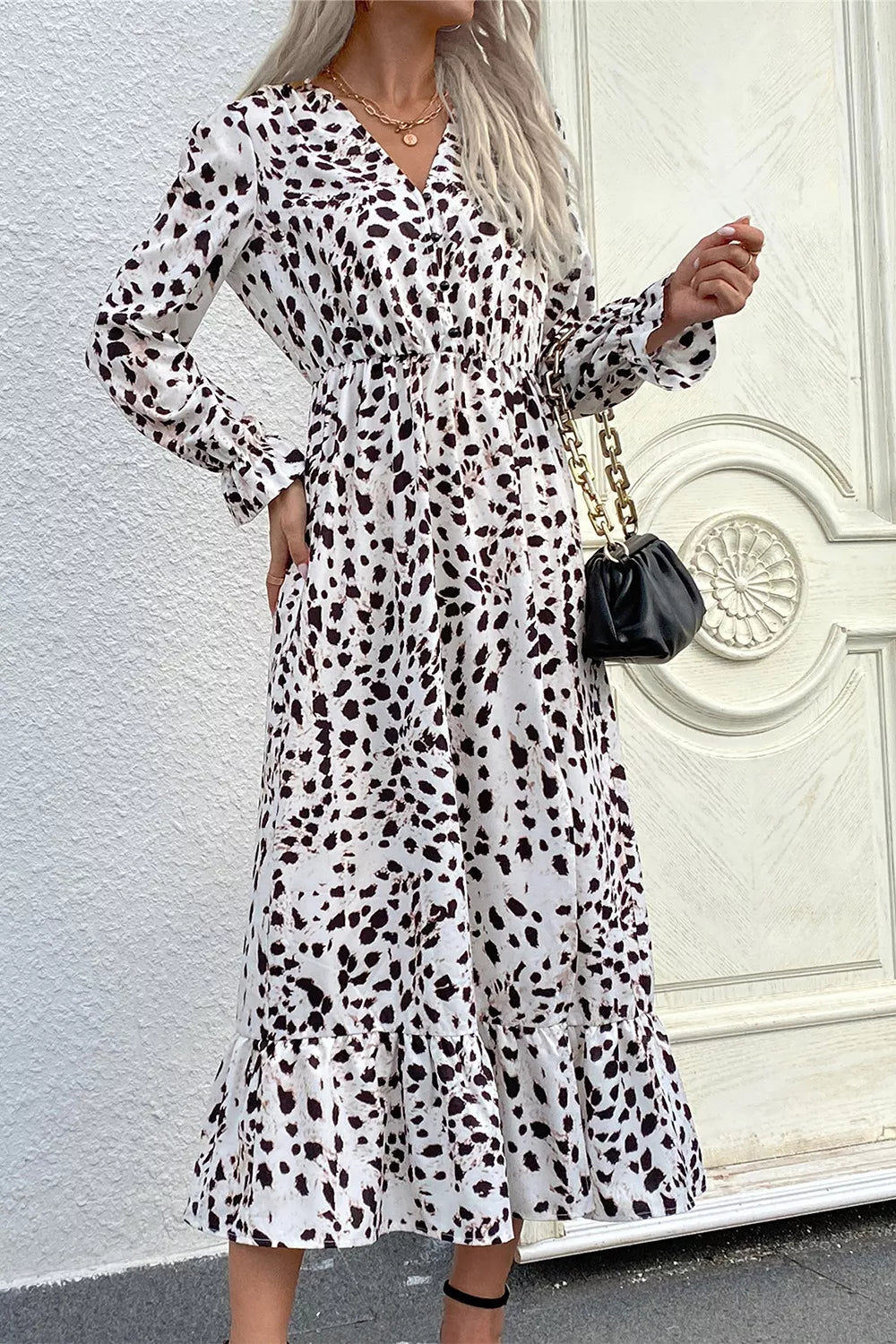 Women's Leopard Print Slit Ruffled Hem Flounce Sleeve Midi Dress in White, side view