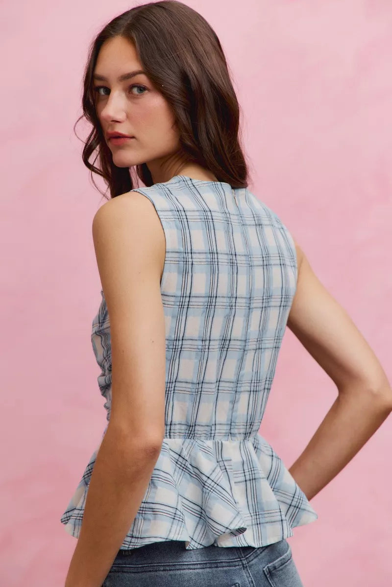 Women's Plaid Sleeveless Ruffle Peplum Top Blue And White Cotton — product view 3