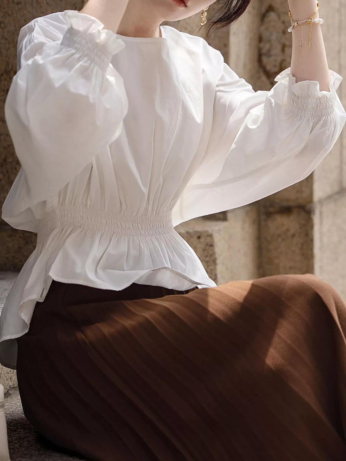 Smocked Waist Lantern Sleeves Blouse — side view