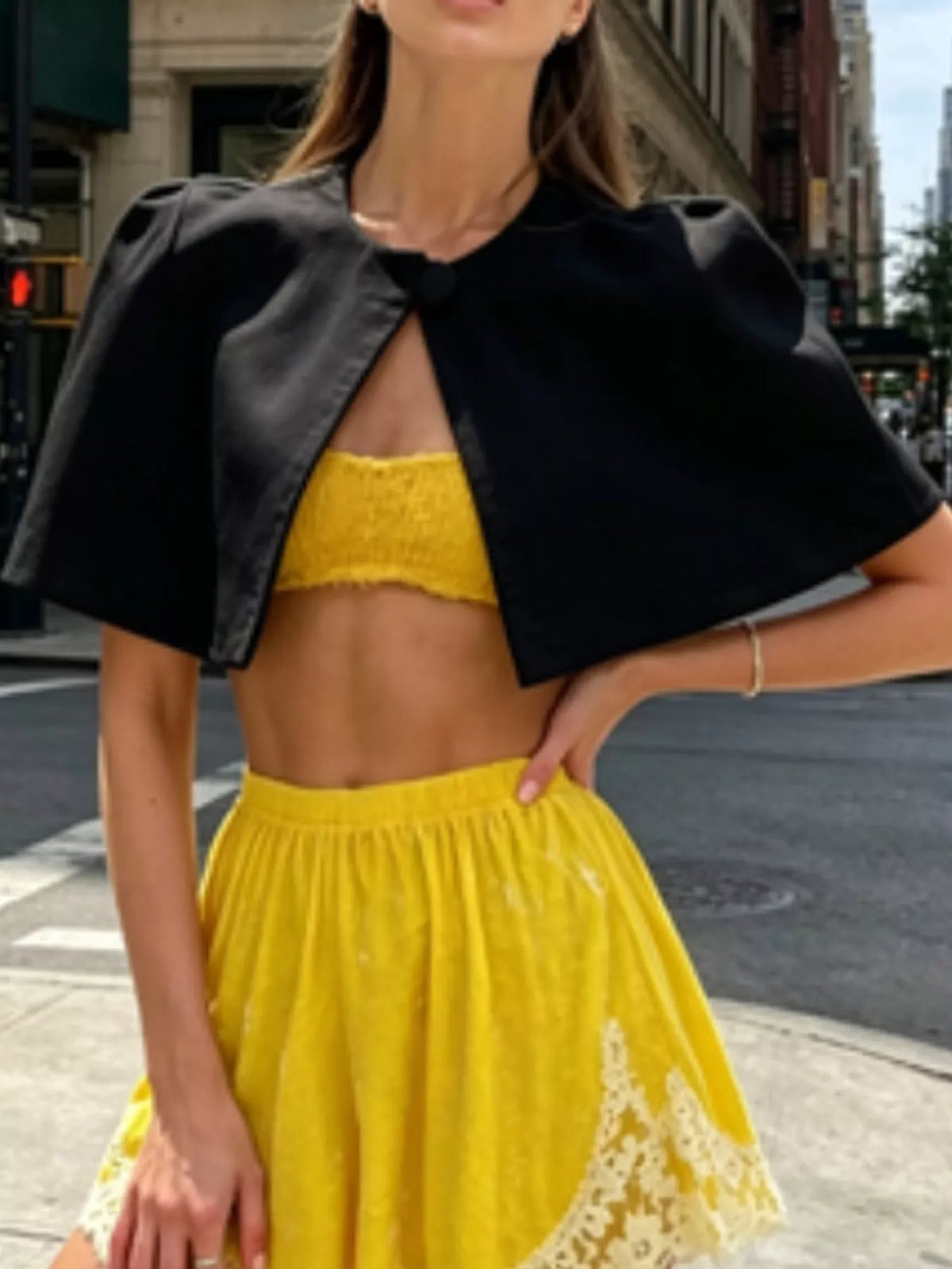 Black single button closure cropped cape