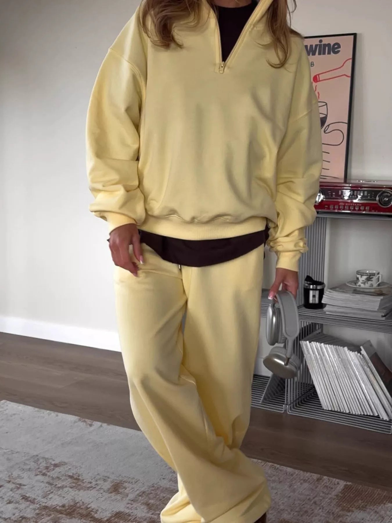 Trendsi Quarter-Zip Top and Wide-Leg Sweatpants Set -