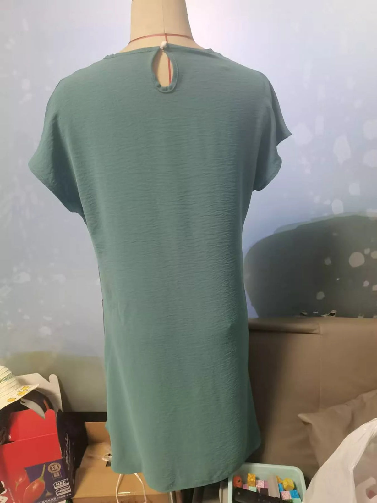 Blue loose fit t-shirt dress with pockets, back view