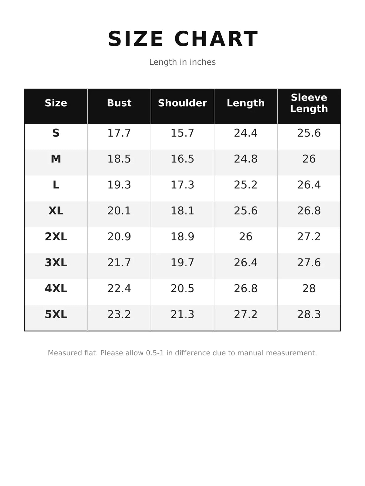 Size chart for button-down front denim jacket