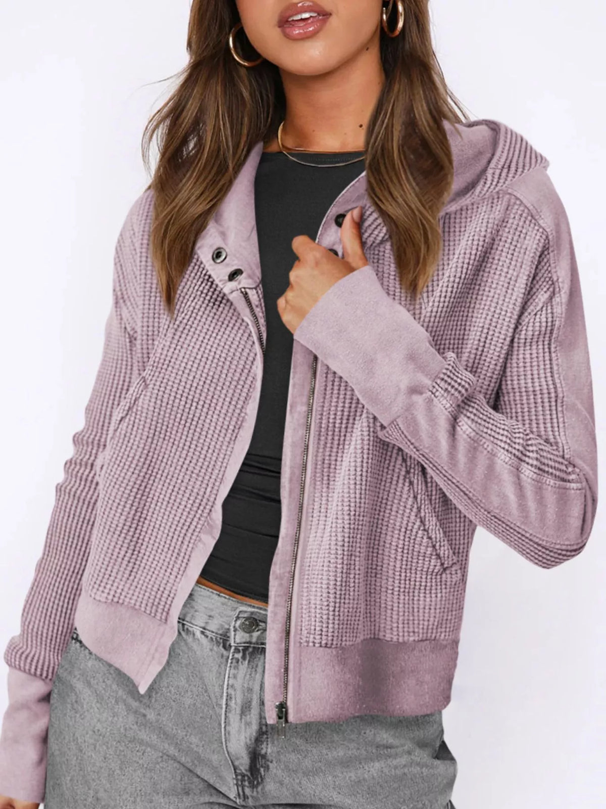 Trendsi Waffle Knit Zip-Up Jacket -