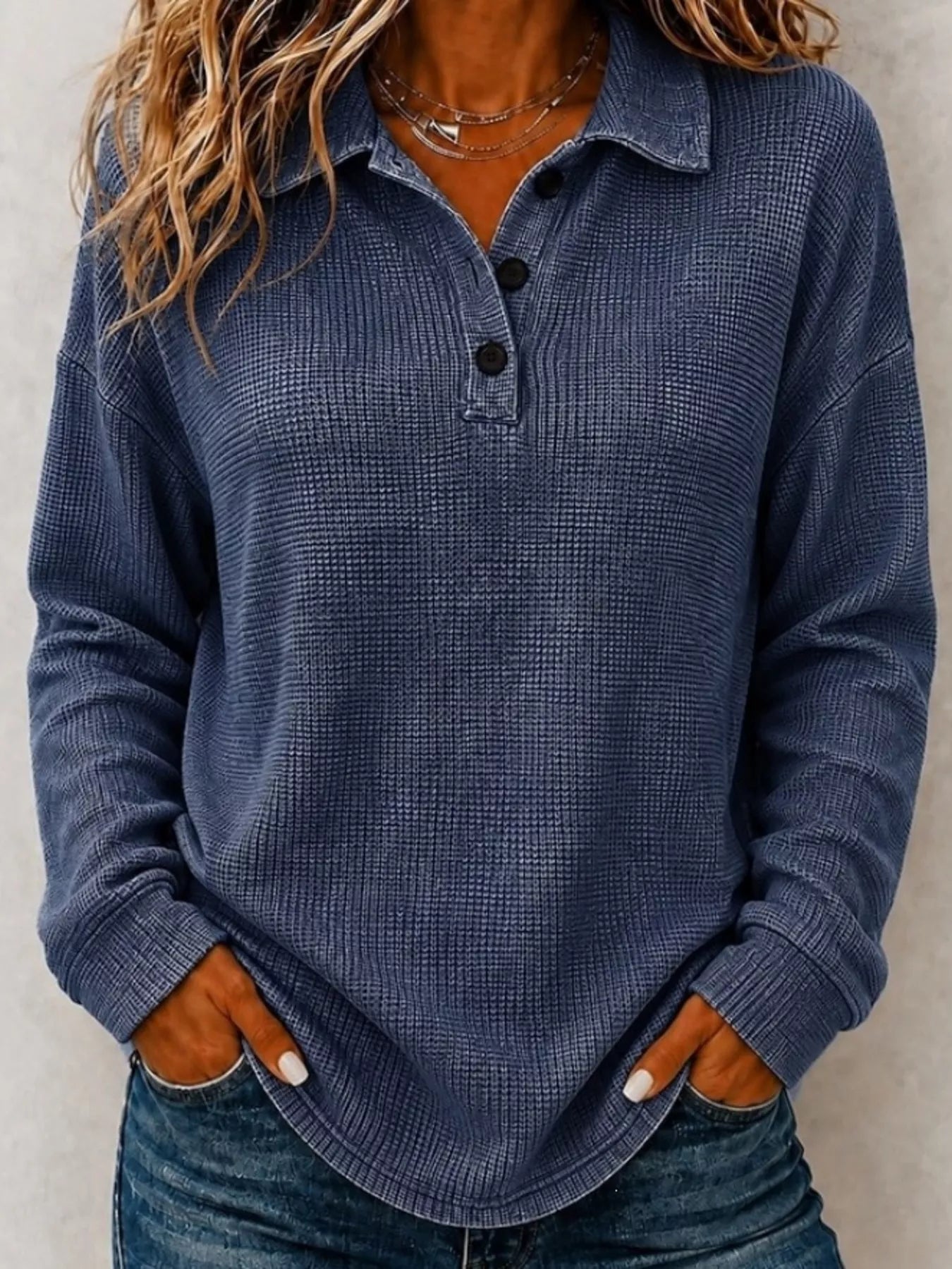 Trendsi Full Size Waffle Knit Dropped Shoulder Polo Top Plus Size -