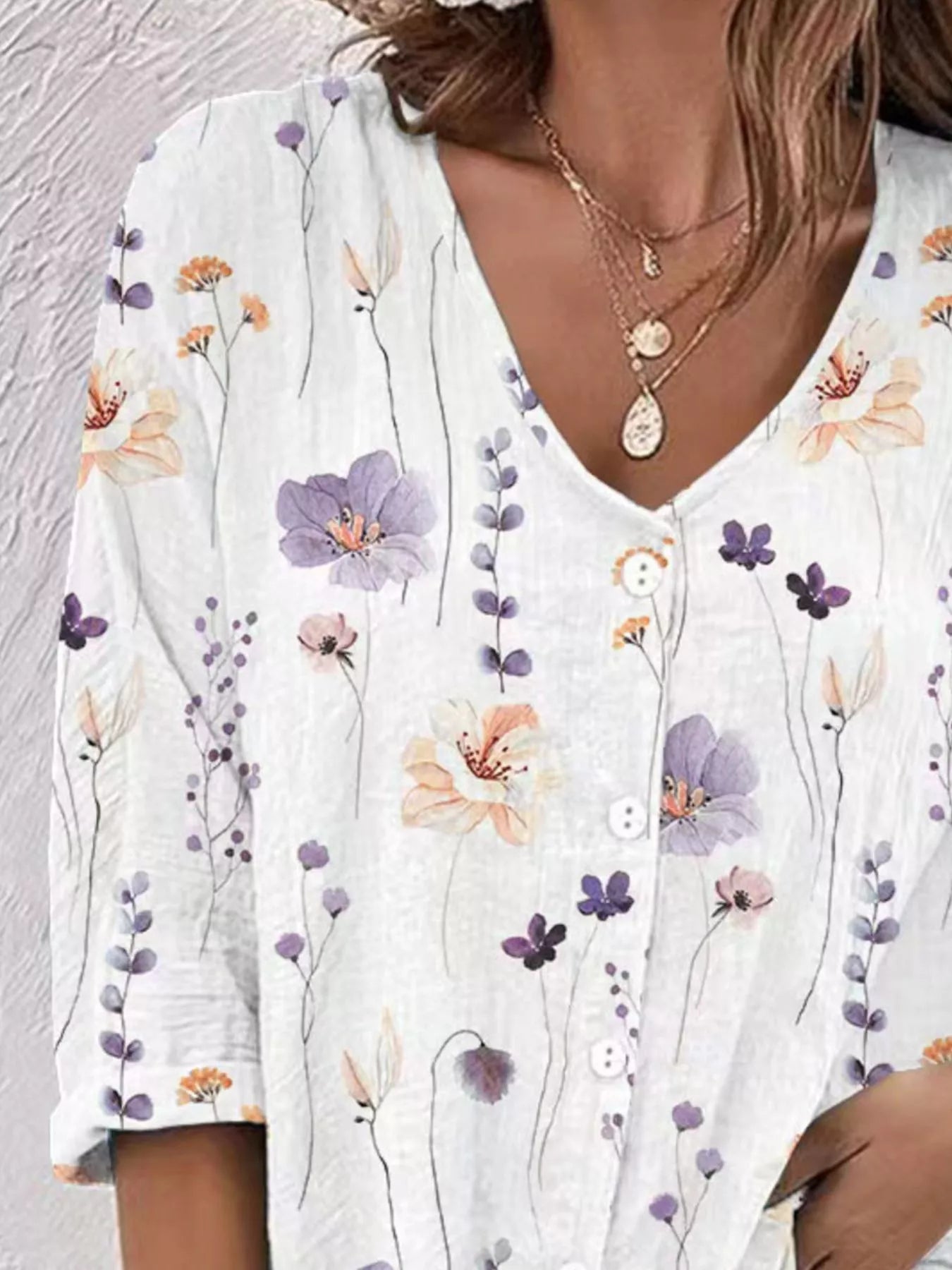 Trendsi Floral Print V-Neck Button-Down Shirt -