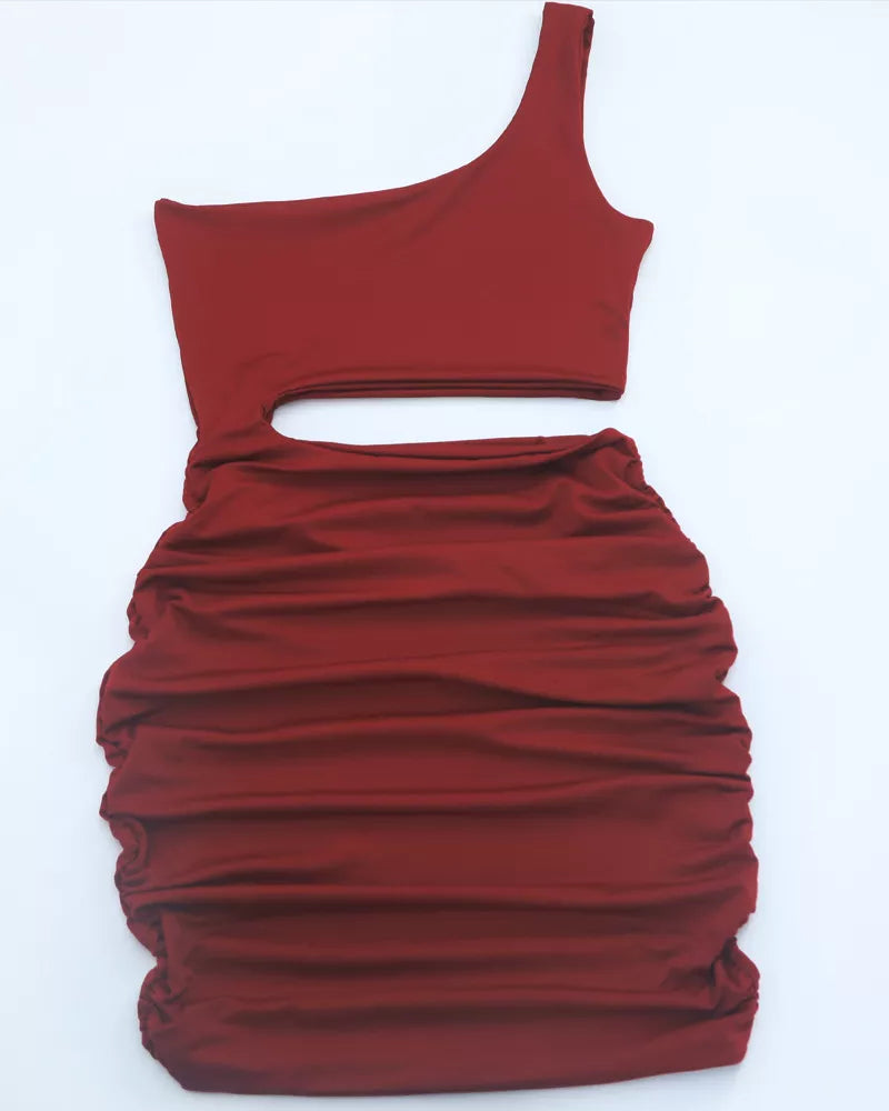 One-shoulder cutout dress, burgundy flat lay back