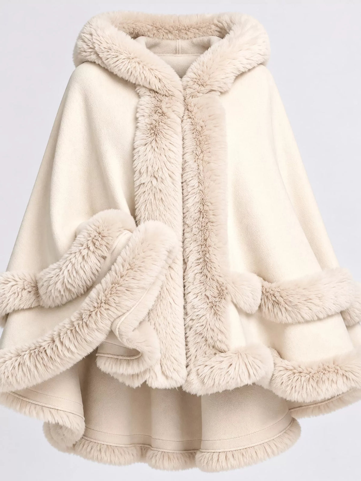 Faux-fur-trim cape, cream trim detail