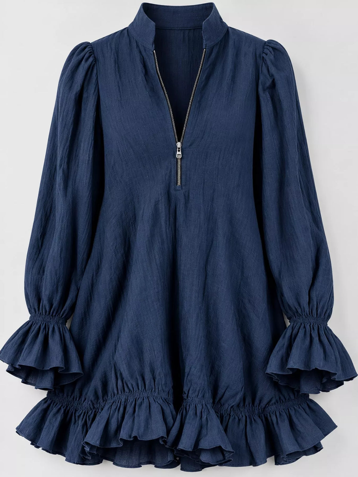 Ruffled-hem mini dress, navy ruffled cuff and hem