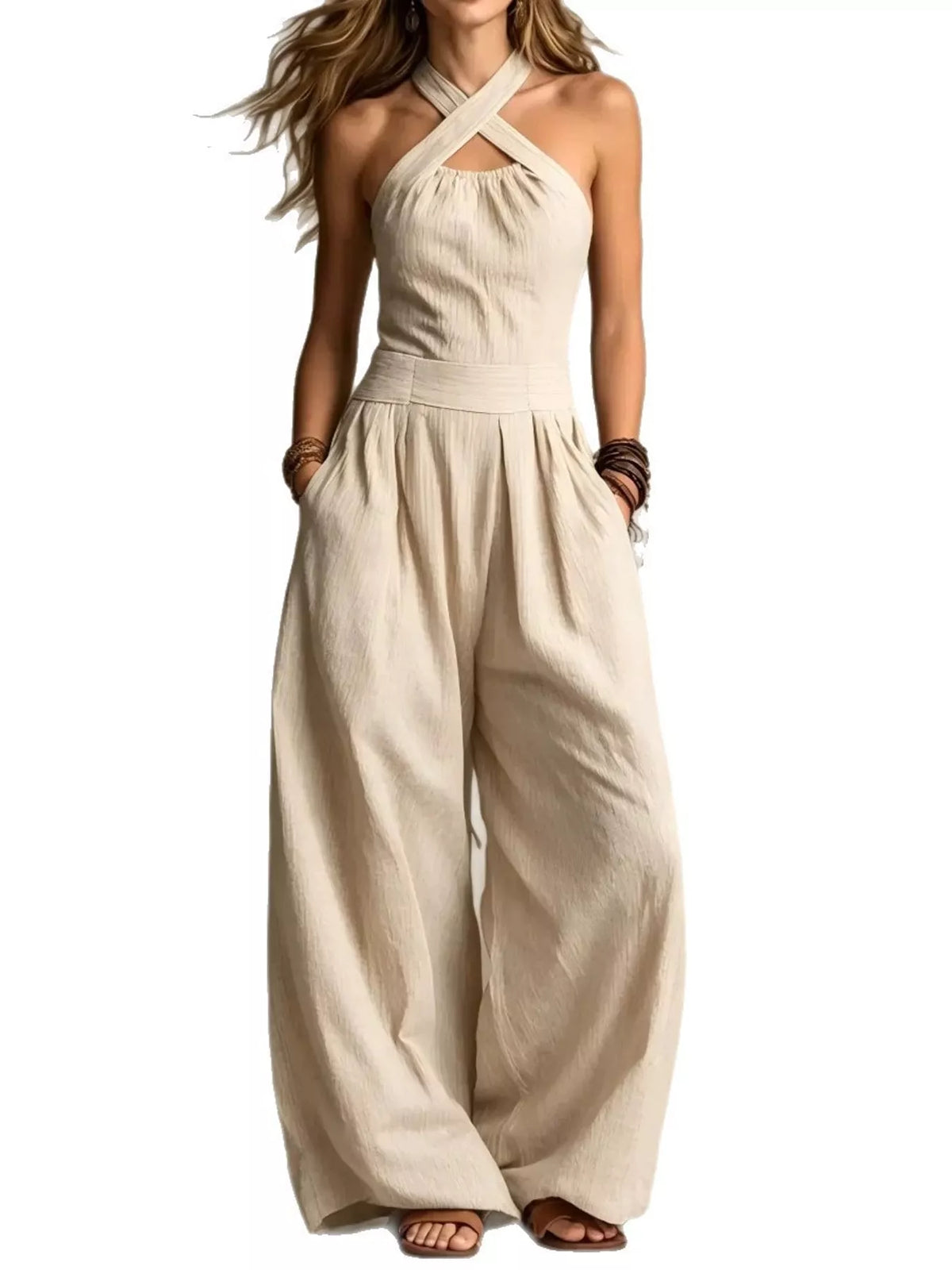 Wide-leg jumpsuit, cream front