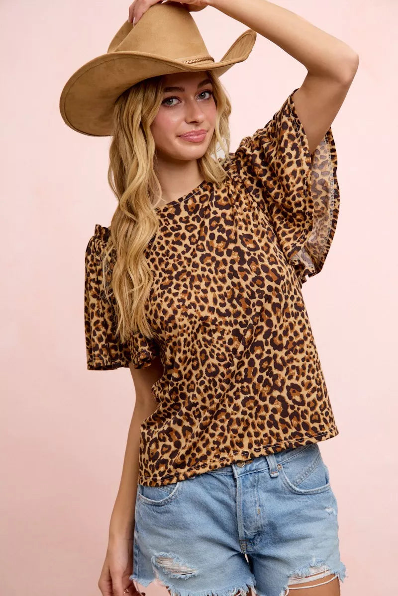 Women's Leopard Print Ruffle Sleeve Relaxed Fit Top — product view 9