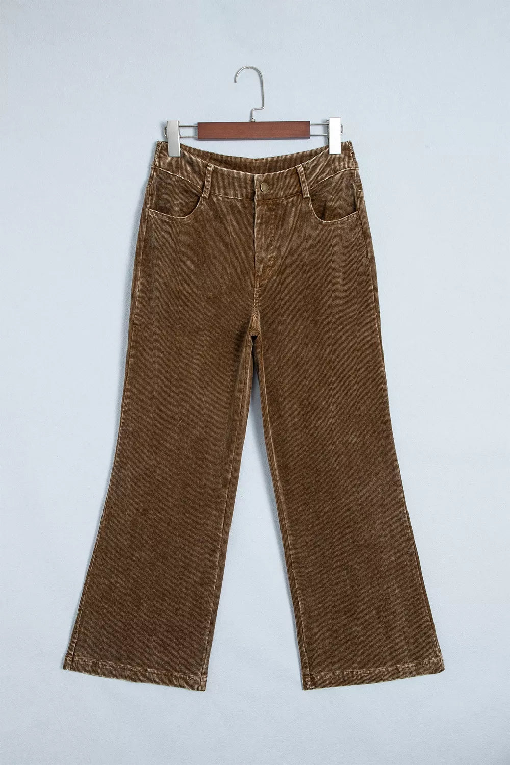 Women's Straight Leg Corduroy Metal Button Zip-up Pants in Taupe, full-length view