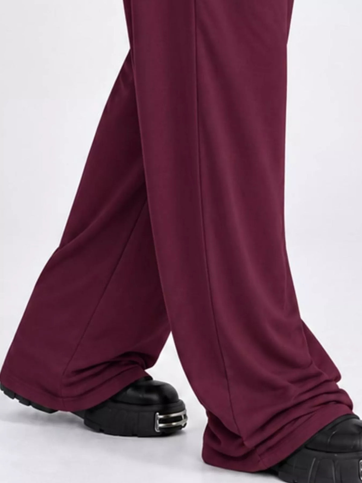 Off-Shoulder Striped Long Sleeve Top and Wide Leg Pants Set, detail view in burgundy