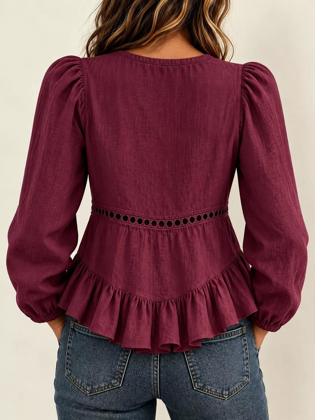 Women's Long Sleeve Blouse with Eyelet Lace Trim and Ruffled Hem in burgundy — back view