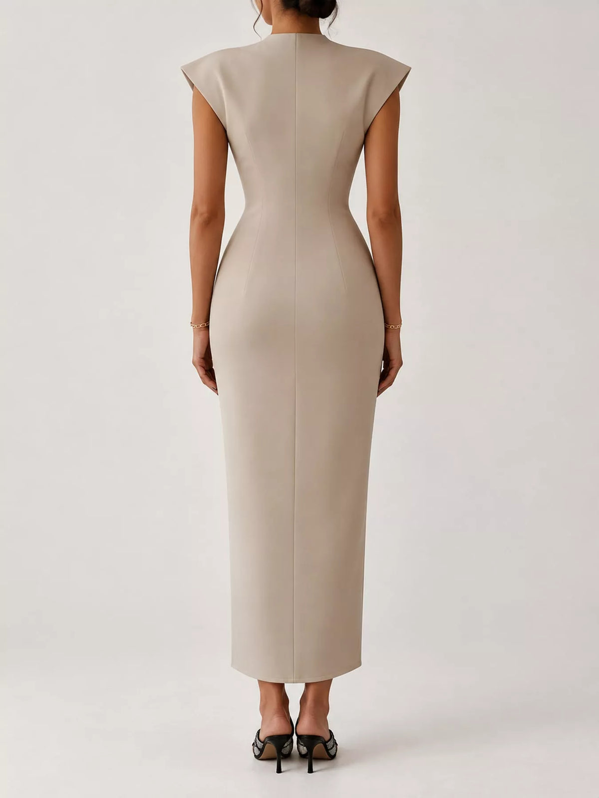 Women's Slit Sleeveless Bodycon Midi Dress in beige — back view