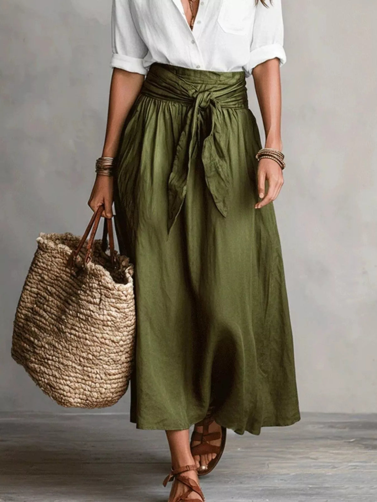 White and olive green button-front shirt and skirt set, skirt and tie detail