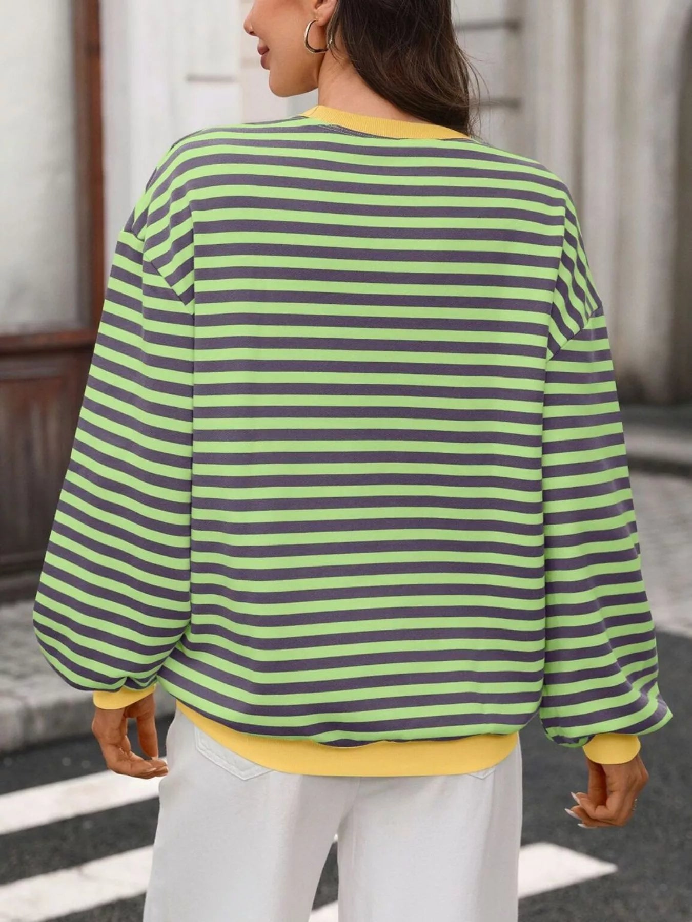 Trendsi Contrast Trim Striped Crew Neck Sweatshirt -