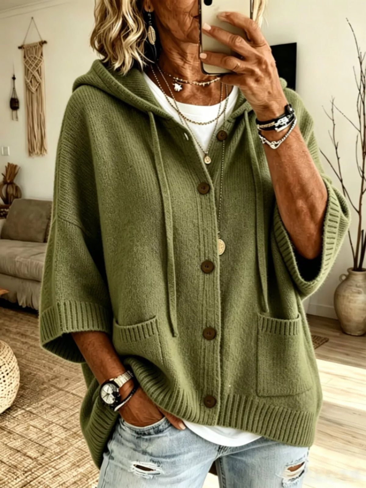 Trendsi Full Size Casual Hooded Button-Down Knit Cardigan with Pockets Plus Size -