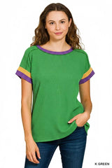 Trendsi Zenana Mardi Gras Raised Rib Contrast Trim Top -