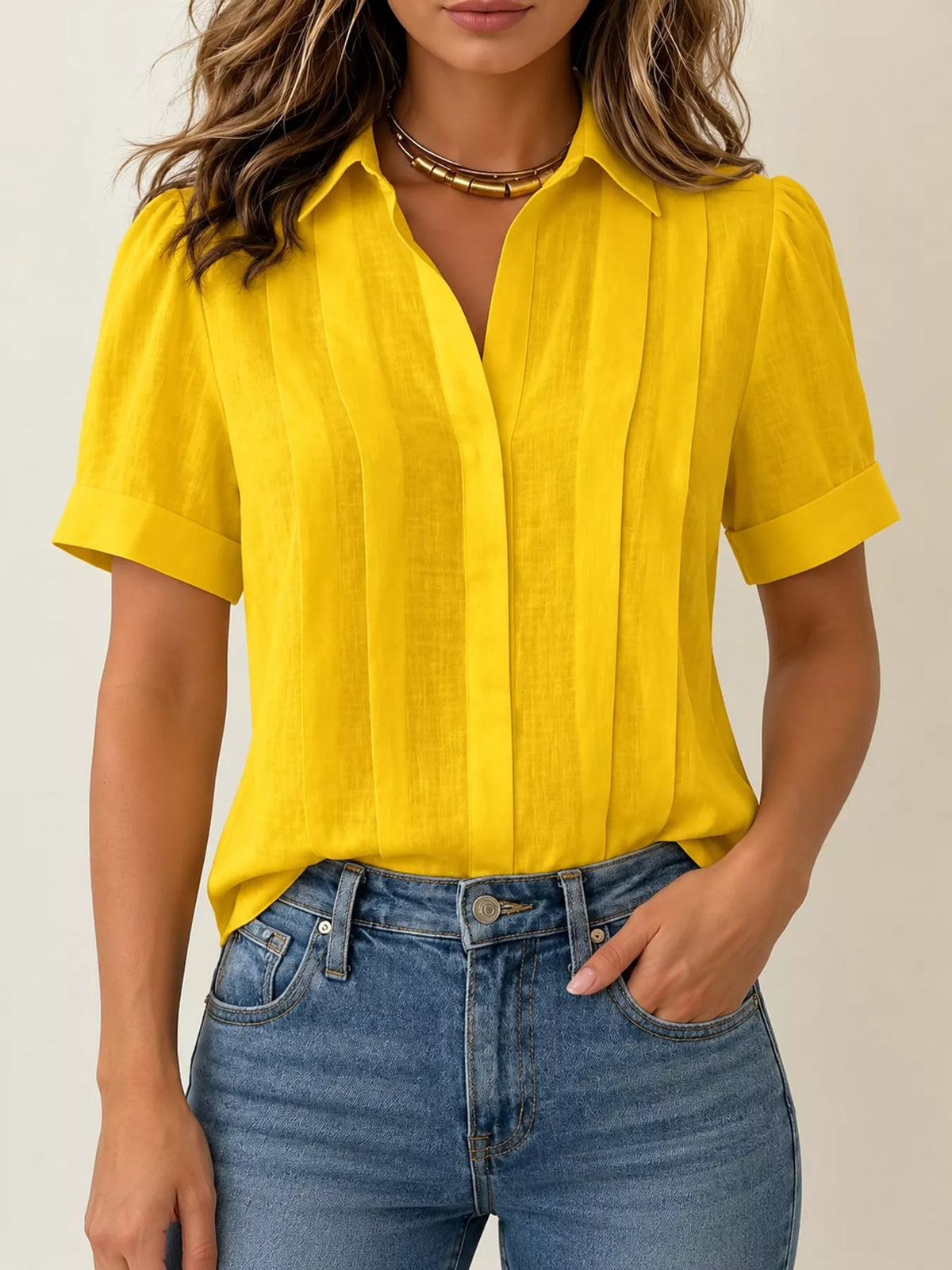Yellow button up short sleeve shirt