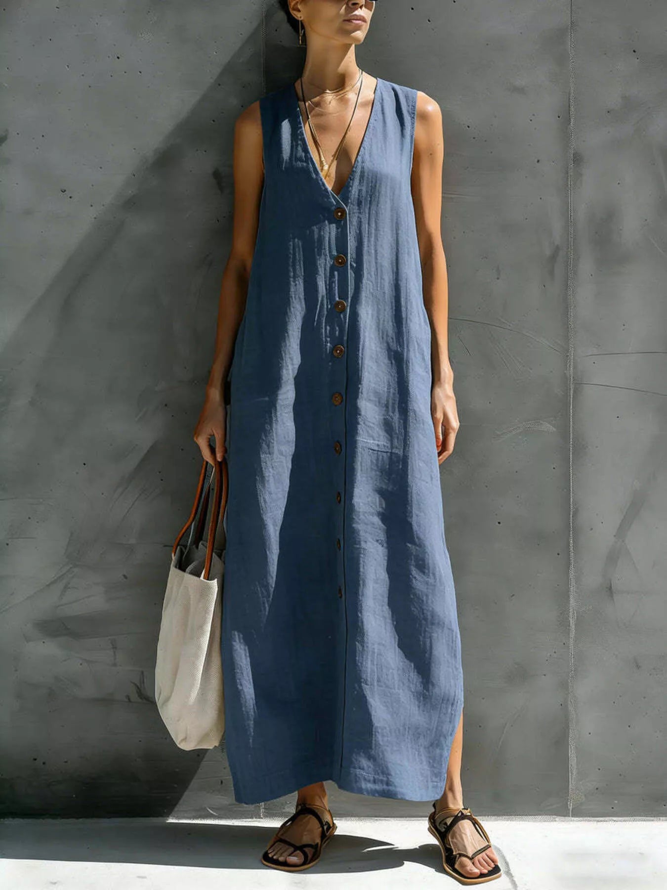 Trendsi Full Size Sleeveless V-Neck Button-Down Linen Maxi Dress Plus Size -