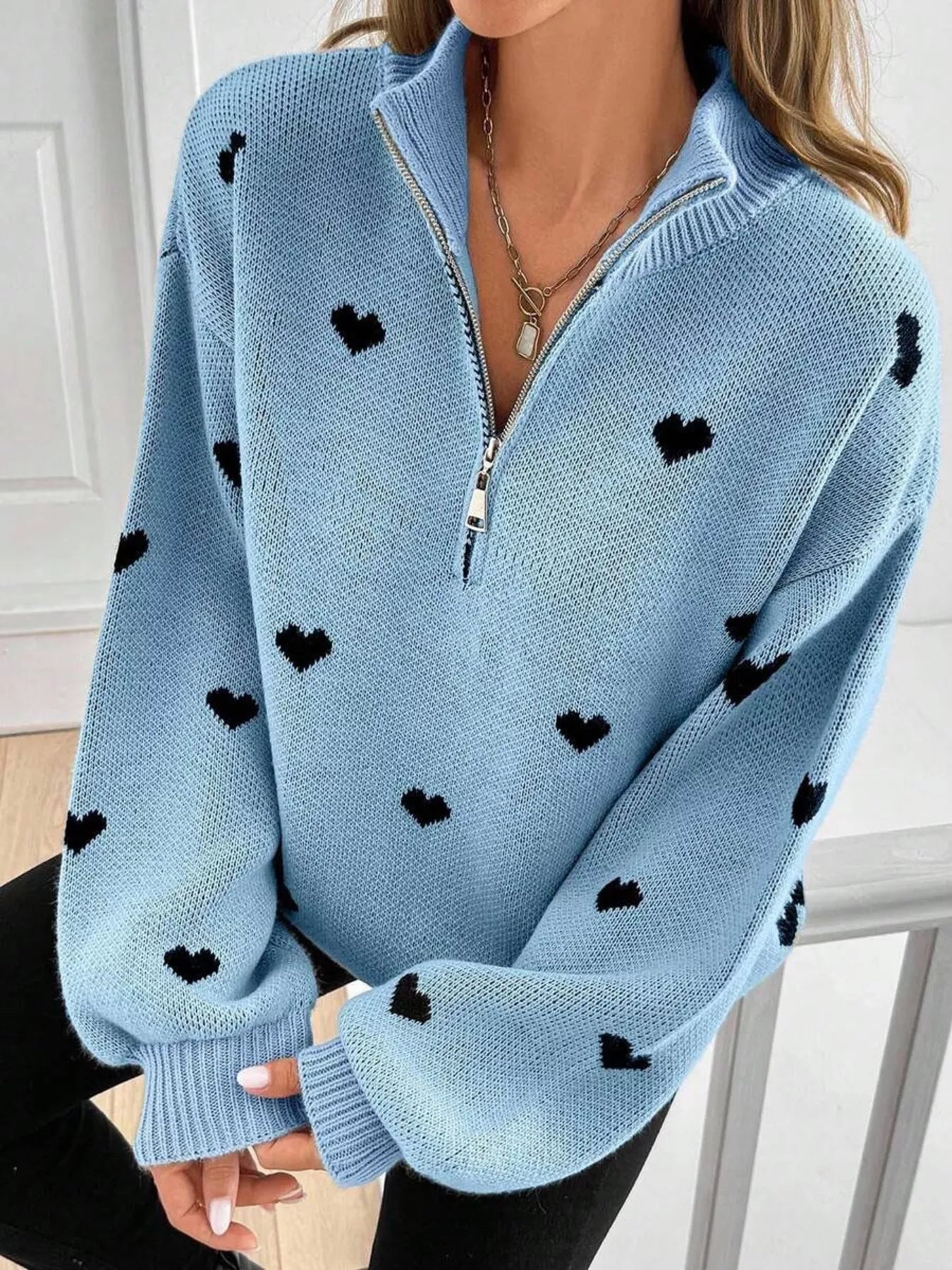 Trendsi Full Size Heart Half-Zip Long Sleeve Sweater Plus Size -