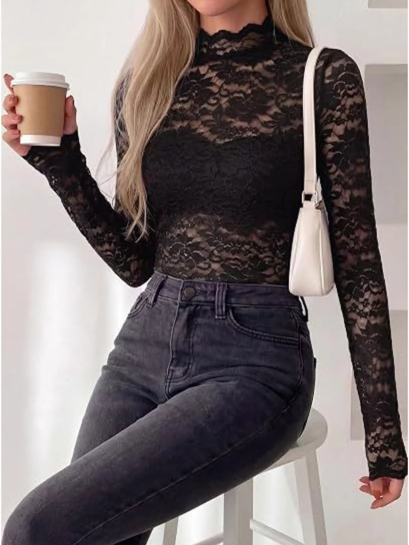Trendsi Lace Mock Neck Long Sleeve Top -
