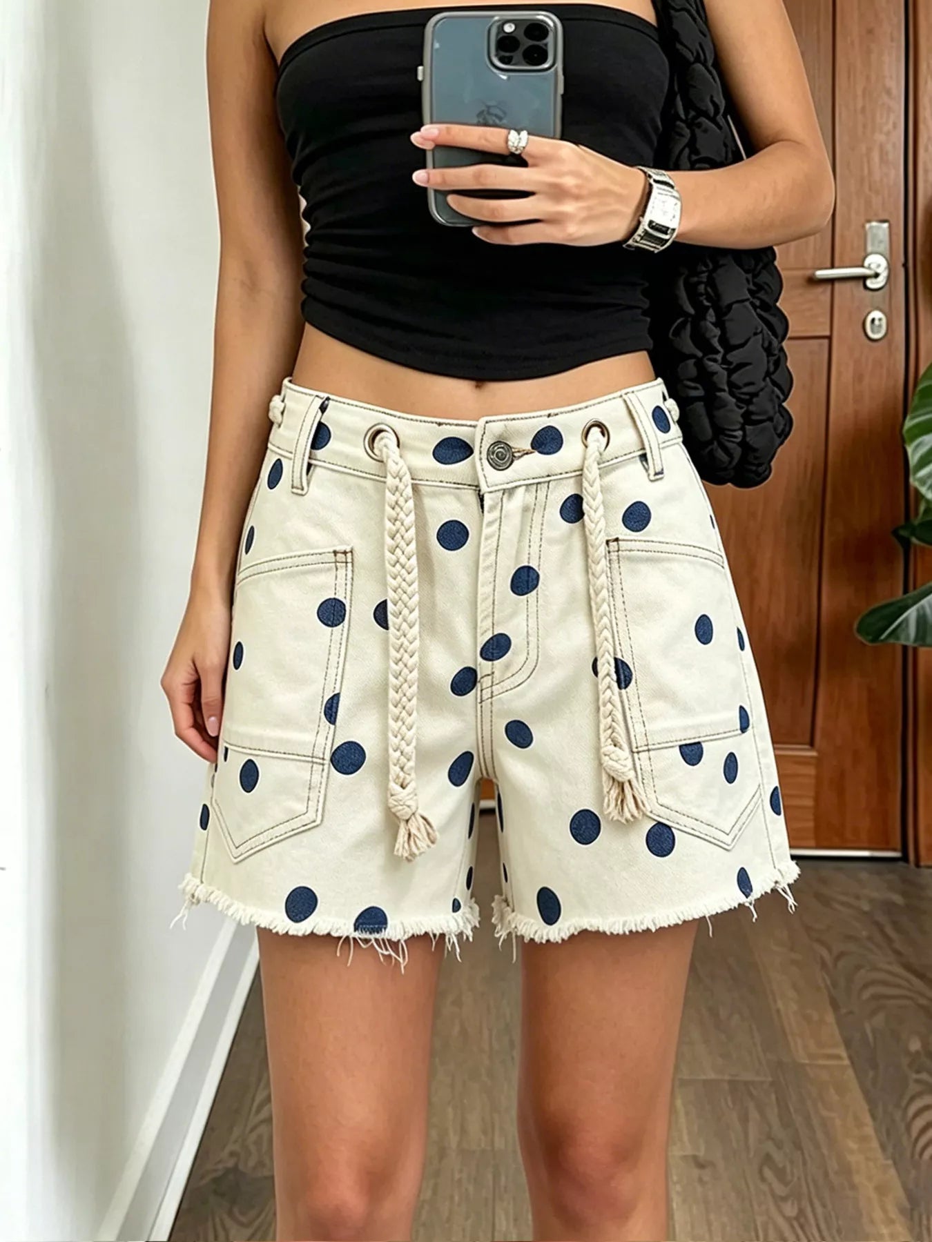 Trendsi Polka Dot Denim Shorts with Braided Drawstring -