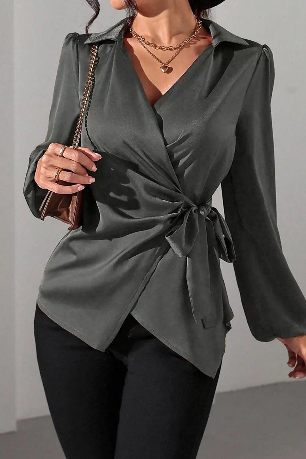 Trendsi Satin Tied Detail Long Sleeve Blouse -