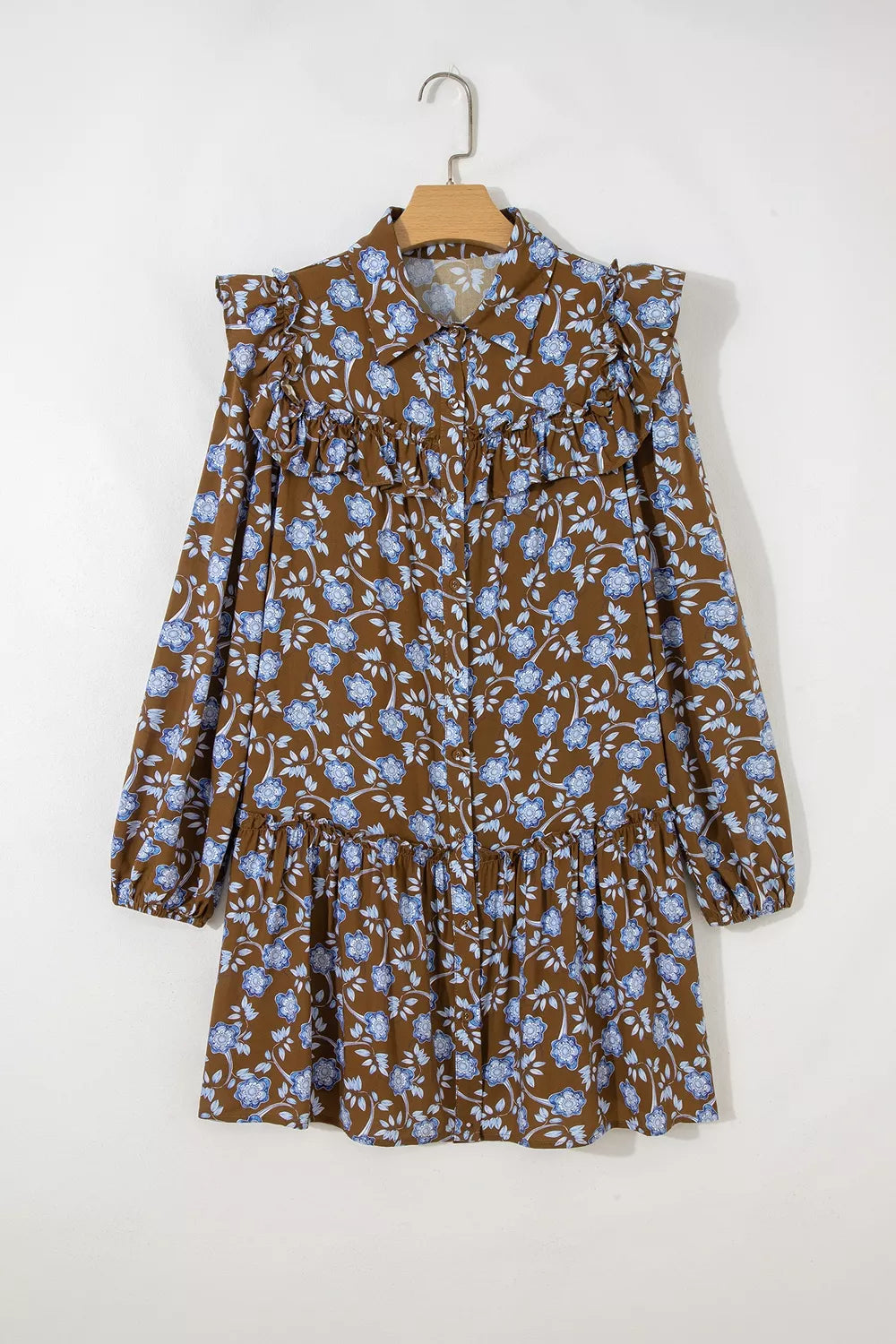 Trendsi Floral Print Ruffled Detail Shirt Collar Button Down Long Sleeve Dress -