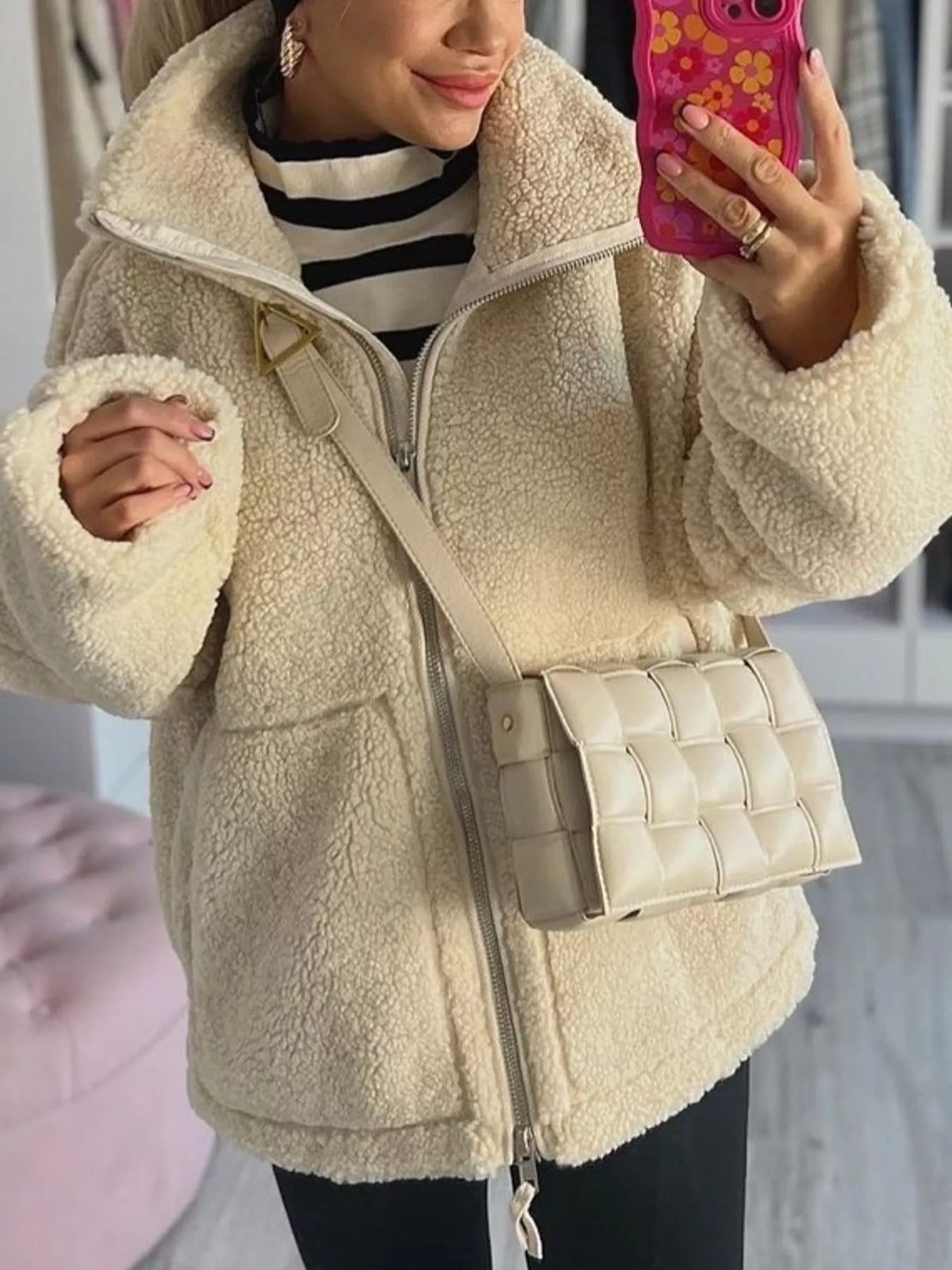 Cream sherpa zip-up jacket