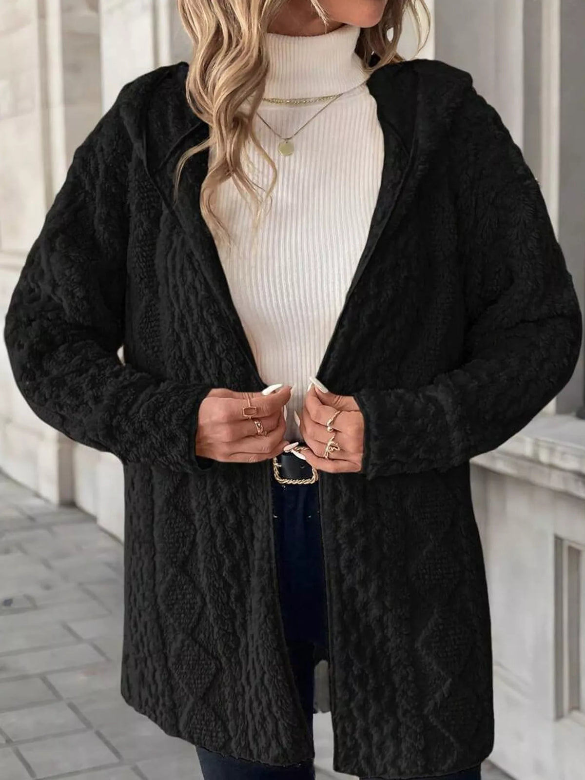 Cable Knit Zip-Up Hooded Cardigan in black