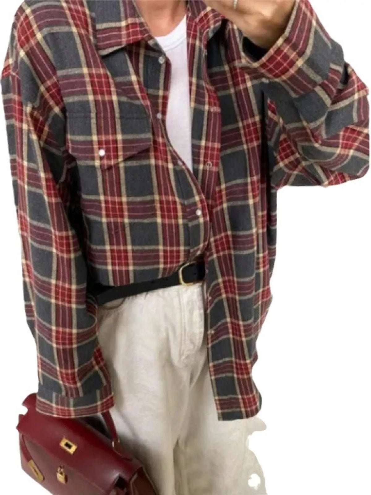 Red plaid button-up shirt with chest pockets