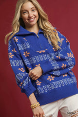 Trendsi Umgee Floral Patterned Jacquard Quarter-Zip Pullover Sweater -