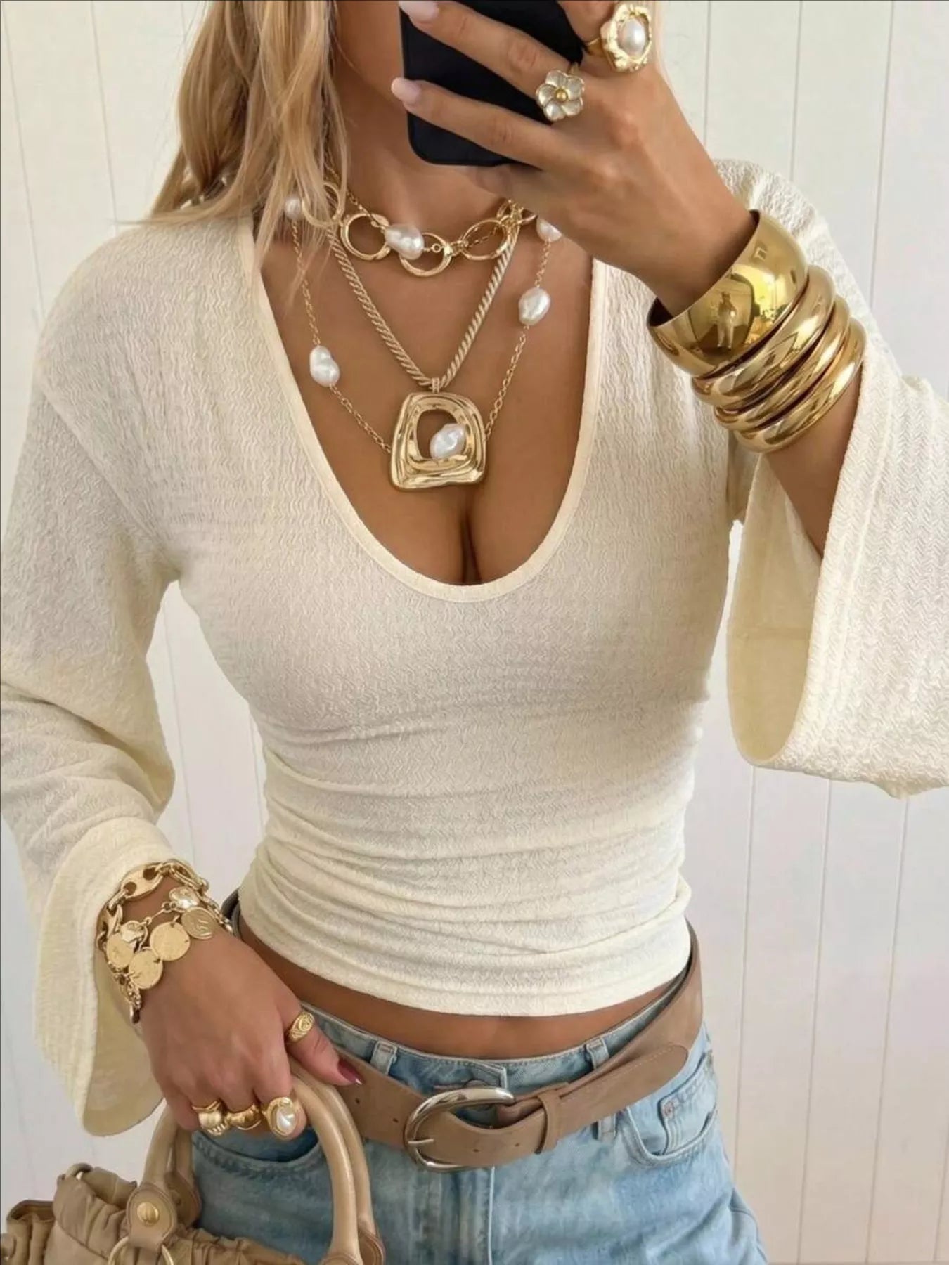 Trendsi Slim Fit Flare Sleeve Top -