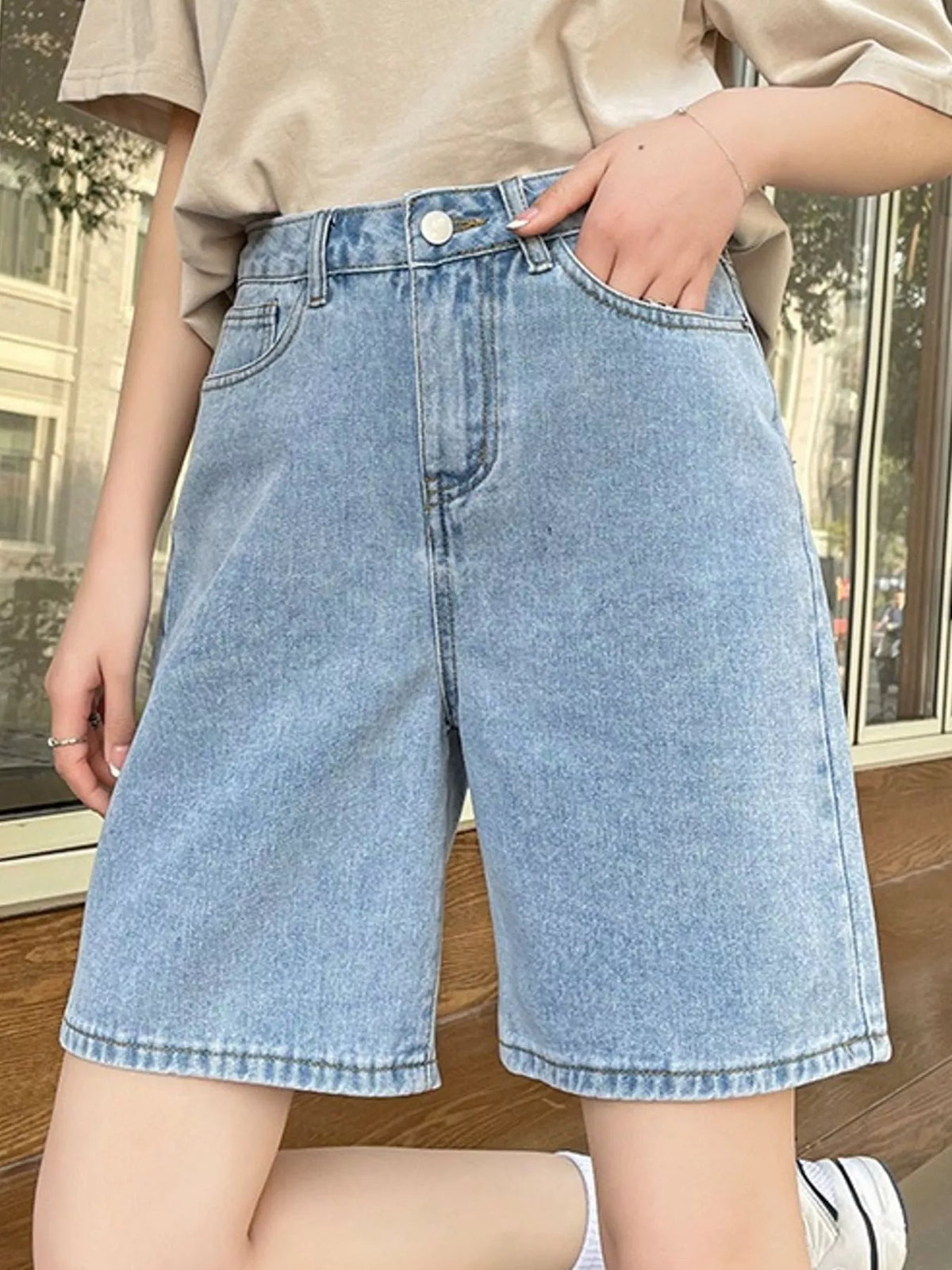 High-Waisted Loose Fit Denim Shorts in light blue