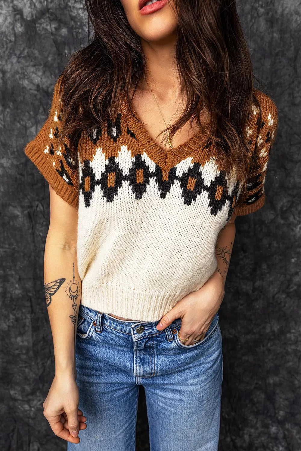 Trendsi V Neck Short Sleeve Geometric Sweater -